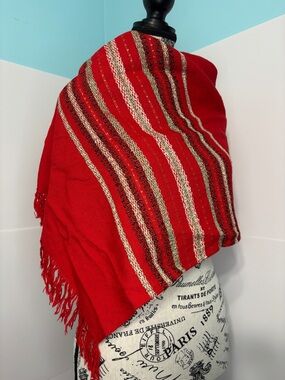 Bernard Shaw’s Victoria BC Vintage Red Woven Fringe Shawl with Metallic Stripe